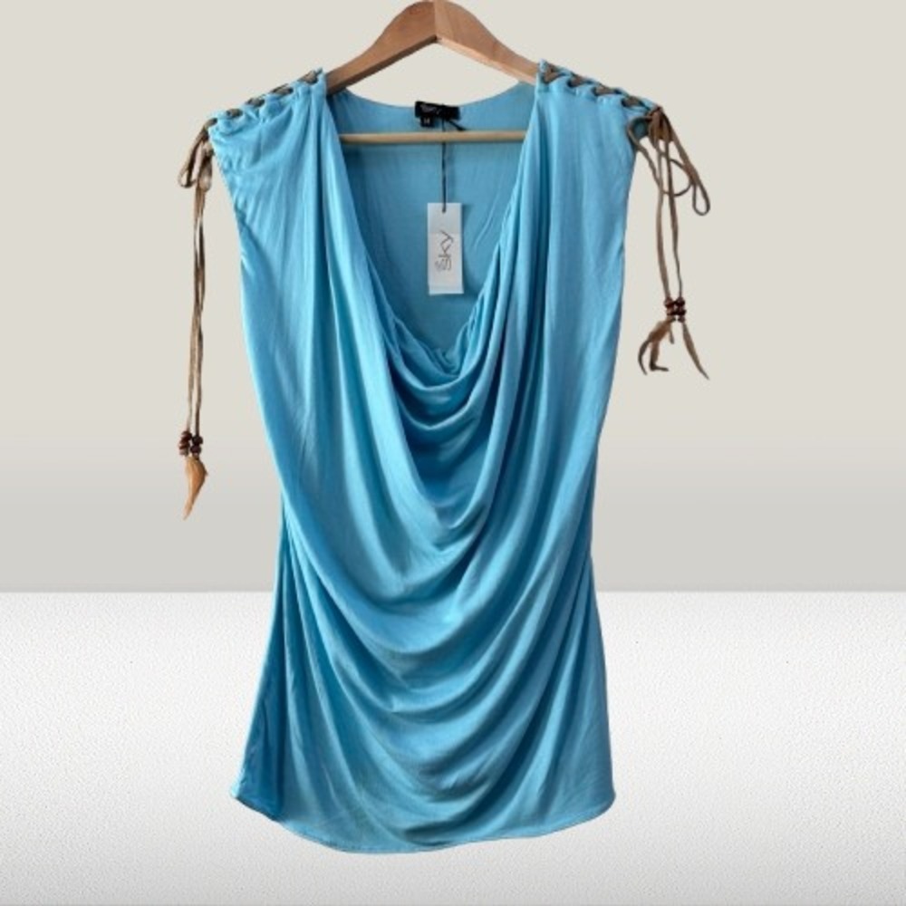NEW Sky Cowl Neck Sleeveless Top Lace Up Shoulders Feather Beads Blue Medium